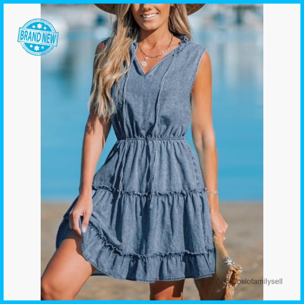 Denim Mini Dress Ruffled Sleeveless V Neck Split Casual Summer Chic - Picture 5 of 5